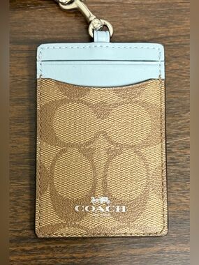 COACH Signature Leather ID Card Holder Lanyard- Light Khaki/Blue